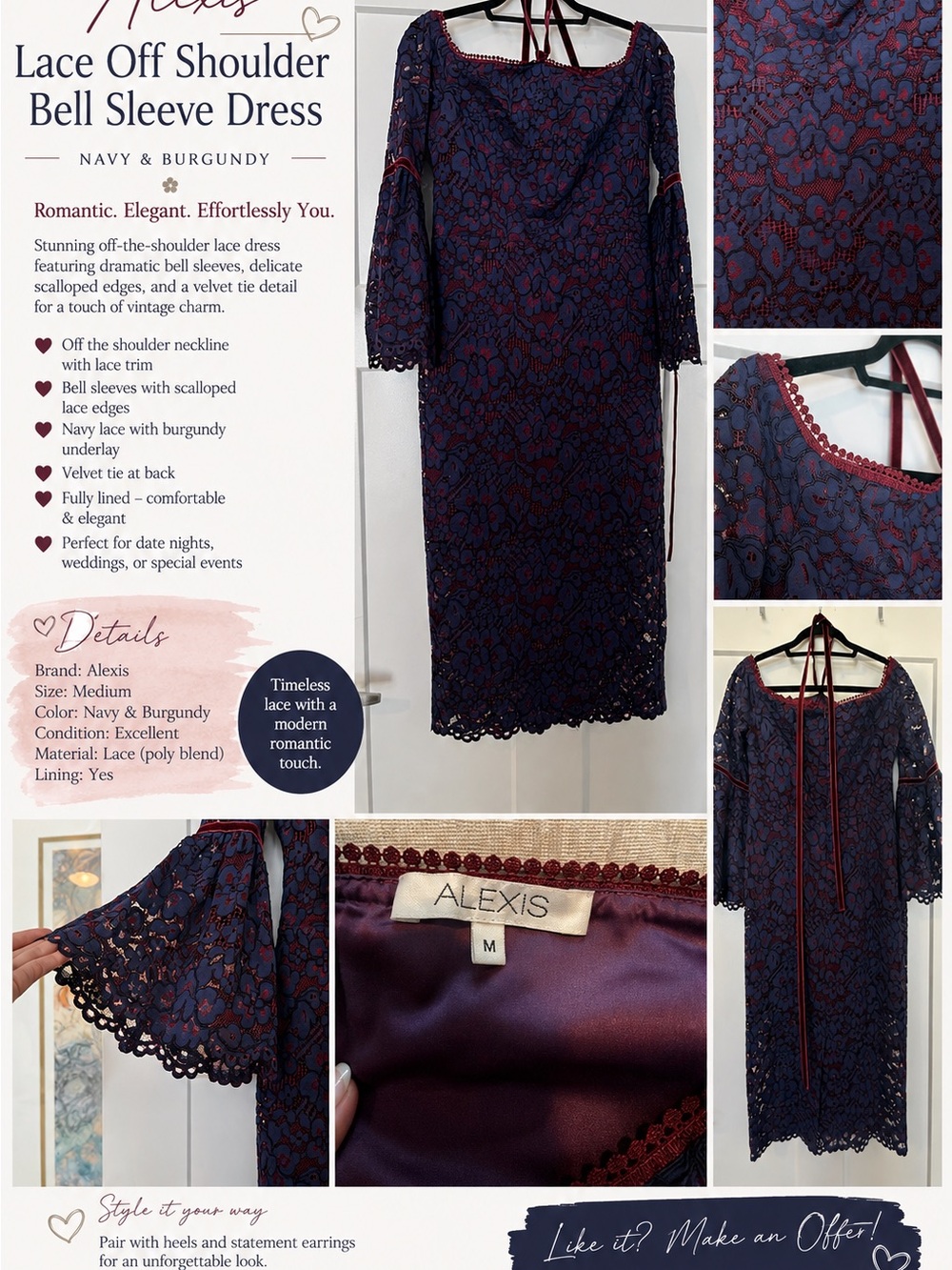 Alexis Navy and Burgundy Lace Off-Shoulder Bell Sleeve Dress